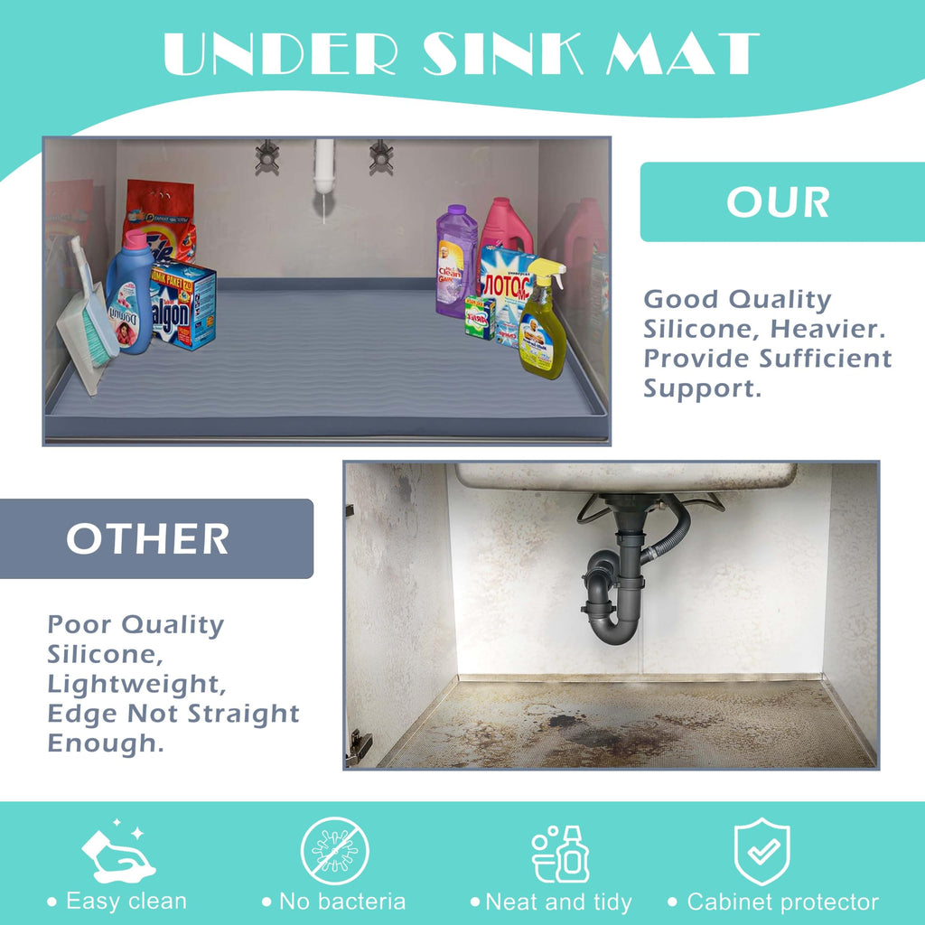 URMONA Waterproof Silicone Under Sink Mat, 31 x 22 in, Flexible Shelf Liner | Dark Grey, Pet Food Mat for Dog Bowls, Cat Litter Mat, Cabinet and Counter Protector for Kitchen and Bathroom, Easy to Clean.