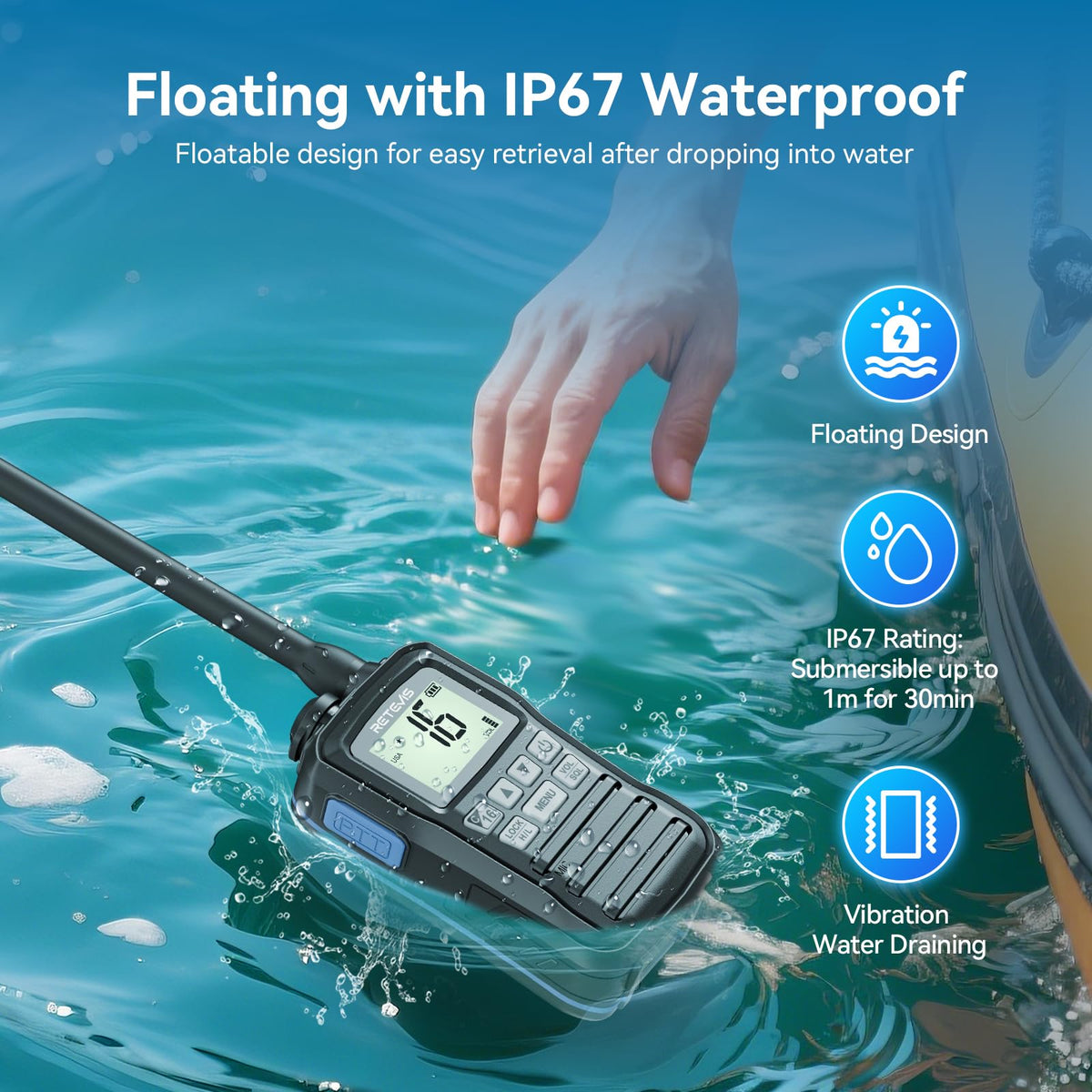 Retevis RM01P 3.5W Marine Radio VHF IP67 Floating, USB-C for Fishing(1Pack) | Hunting&Fishing, Floating, Car Charger, 15-Hour Battery, Portable, NOAA Weather Alert, 88 Channel, Vibration Drainage,3-Watch