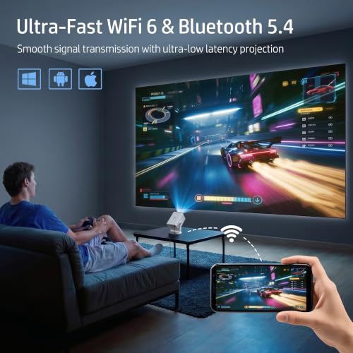 HP Projector Built-in Apps, USB-C Power Bank Compatible for Outdoor MC400 | Portable Mini Projector with WiFi 6 and Bluetooth 5.4, 1080P/4K Supported, Auto Keystone & 90° Rotatable, Smart Android TV OS