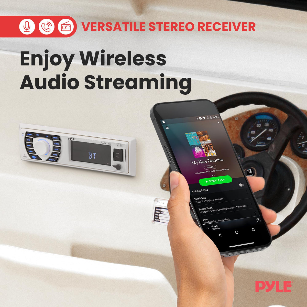 Pyle Marine Radio Receiver Speaker Set 12v Single Din Style Bluetooth Compatible Waterproof Digital Boat In Dash Console System with Mic 4 Speakers, Remote Control, Wiring Harness PLMRKT38W (White)
