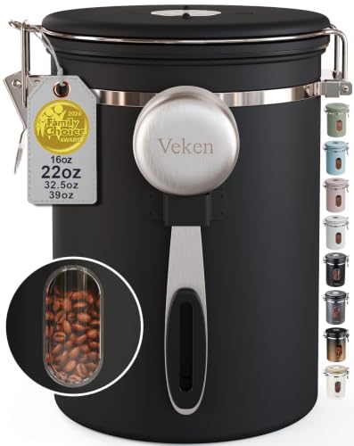 Veken Coffee Canister with Window, Airtight Stainless Steel Container, 22OZ | Kitchen Food Storage Pantry Organizers for Beans,Ground,Espresso,Rice,Tea,Sugar,Bar Accessories,Gifts,Lids,Jars, Scoop, Black