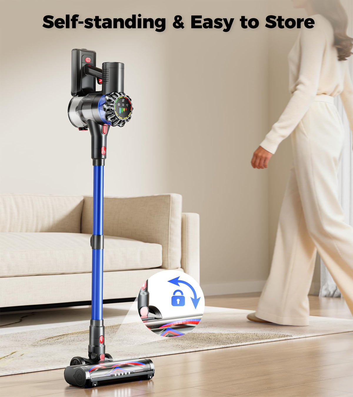 HFFLH Cordless Vacuum Cleaner, 600W 50Kpa 65Mins Cordless Stick Vacuum with Self-Standing, Touch Screen, Anti-Tangle Wireless Vacuum, Vacuum Cleaners for Home/Pet Hair/Carpets/Hardwood Floor