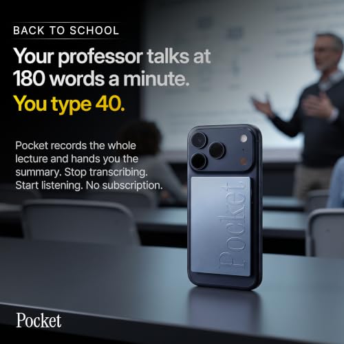 Pocket AI Voice Recorder, Auto Transcription, AI Note Taker, Space Grey | Recording Device, Action Items, Mind Maps, Ask Pocket, 4-Day Battery, MagSafe, iOS & Android