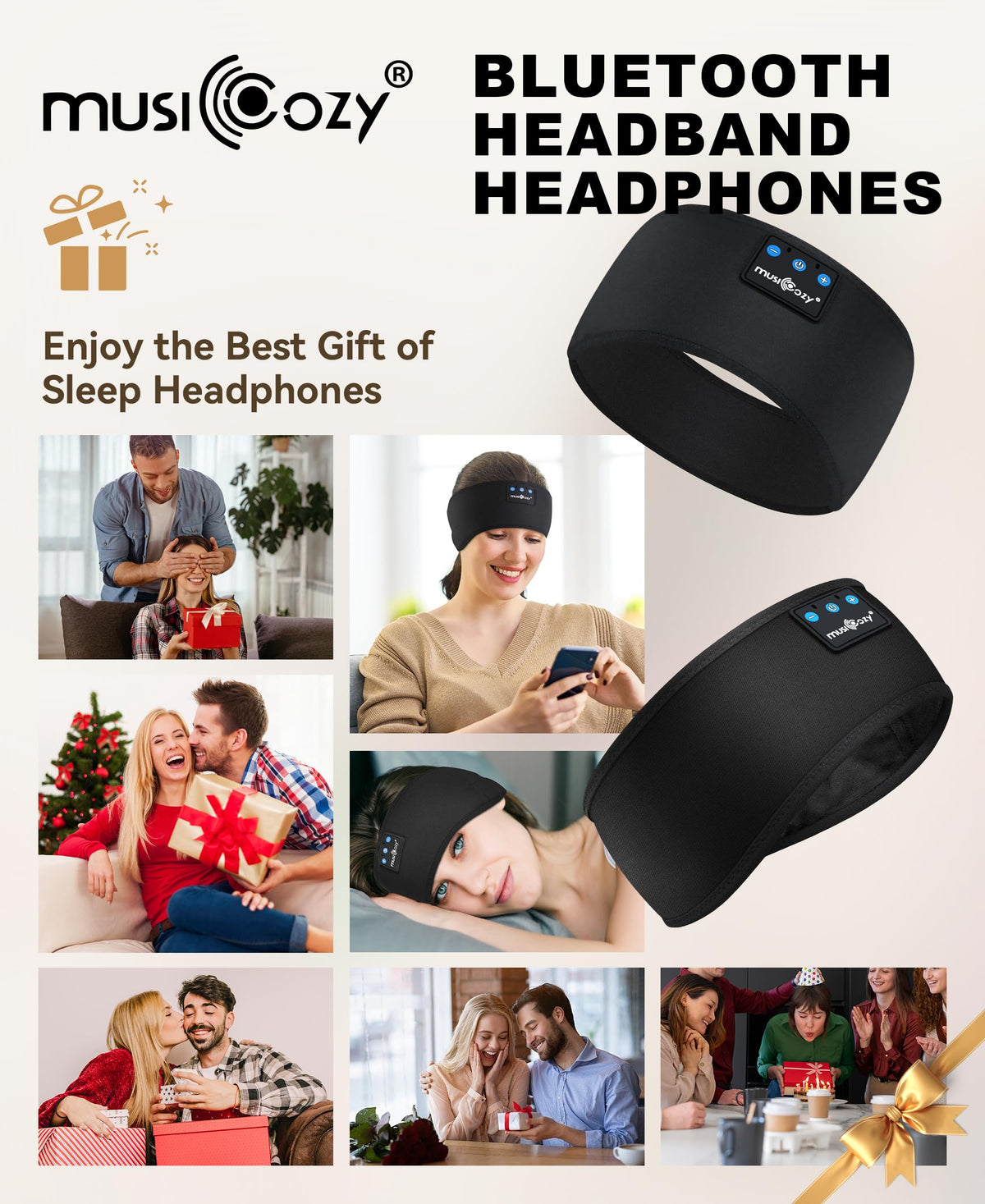 MUSICOZY Sleep Headphones Bluetooth Headband Headphones for Side Sleepers | Sleeping Headbands Wireless Sports Earphones Sweat Resistant Earbuds for Workout Running Cool Gadgets Unique Gifts for Women