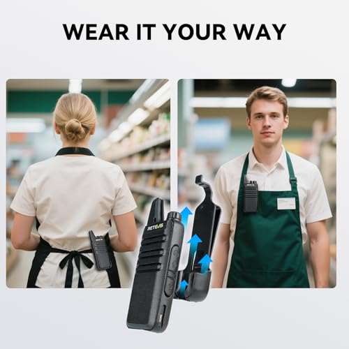 Retevis RT22 Commercial FRS Walkie Talkies Rechargeable Long Range (6 Pack) | Slim & Lightweight 2 Way Radio, For K-12 & Retail, Comfortable for All-Day Wear, Loud & Clear Audio, Charge 6 Radios At Once