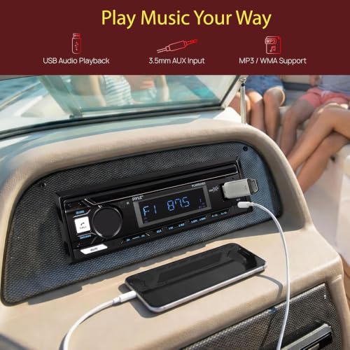 Pyle Marine Radio Stereo Receiver with Bluetooth MP3 Player - Single DIN Boat Audio System, AM/FM Tuner, USB/AUX Input, 30 Preset Stations, Hands-Free Calling, 300W Max Power for Marine and Boat Use