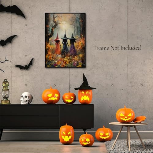 ILLBDR Halloween Three Witches Canvas Wall Art Poster 12x16 inch | Dark Academia Halloween Decor, Three Witch Silhouette Print, Gothic Artwork Fall Gift for Bedroom or Bathroom