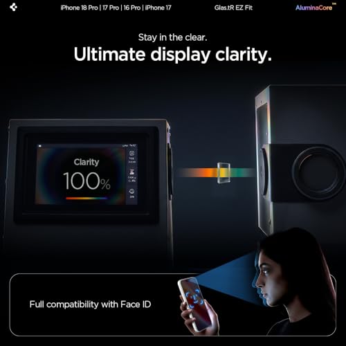 Spigen GlasTR EZ FIT Screen Protector for iPhone 18 Pro, 17 Pro, 17, 16 Pro | AluminaCore Aluminum-enhanced 9H+ tempered glass, Auto-align tray, 100% clarity, Original touch, Case-friendly, 2Pack