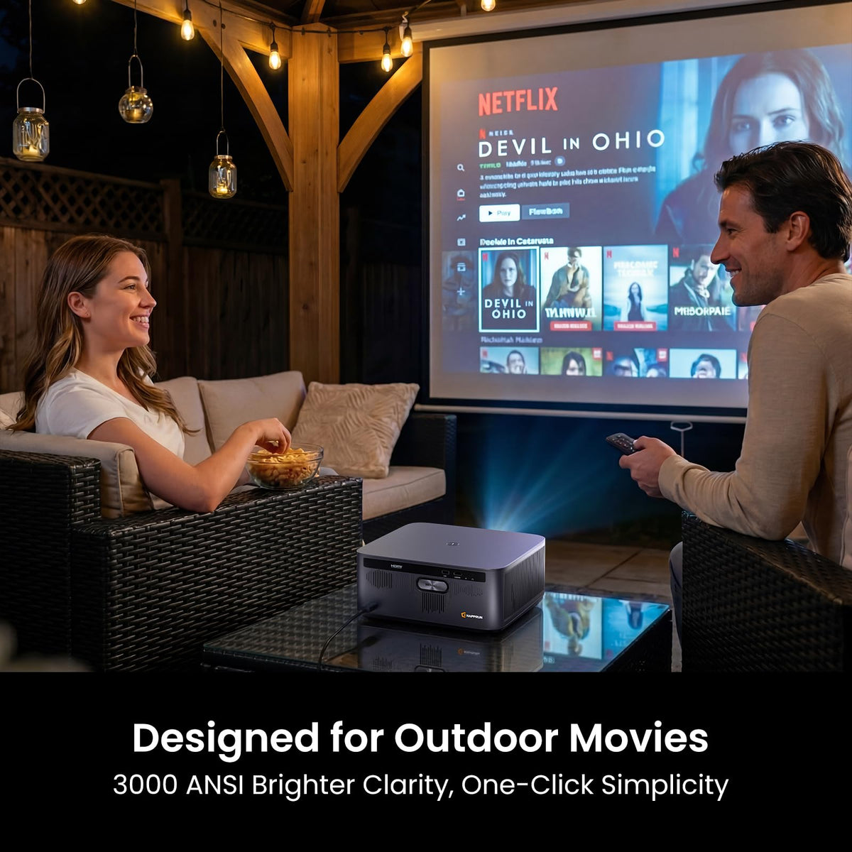 HAPPRUN 3000 ANSI Lumens Outdoor Projector with Official Google TV | 4K Supported, Dolby Audio, Auto Focus & Auto Keystone, 10K+ Apps, WiFi 6, Bluetooth, Indoor & Outdoor Movies