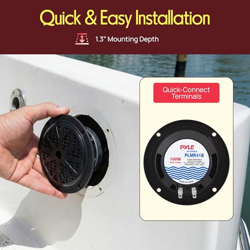 Pyle 4 Inch Dual Marine Speakers - Waterproof and Weather Resistant Outdoor Audio Stereo Sound System with Polypropylene Cone, Cloth Surround and Low Profile Design - 1 Pair - PLMR41B (Black)