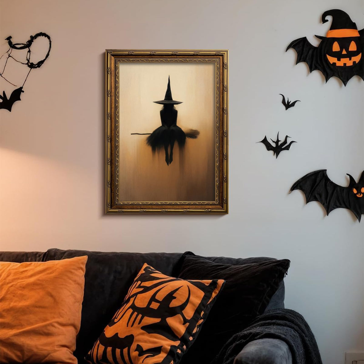Vintage Gold Framed Halloween Canvas Wall Art, (Witch, 8"x10", Framed) | Minimalist Halloween Witch Pictures Wall Decor, Gothic Spooky Prints Paintings, Dark Academia Artwork for Living Room