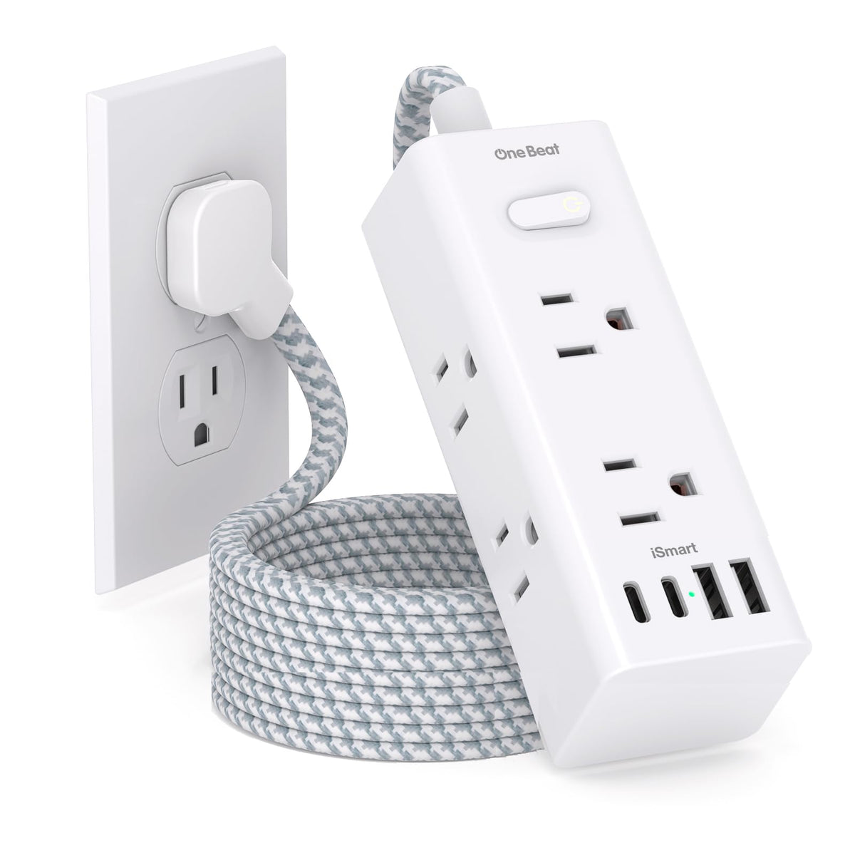 One Beat Surge Protector Power Strip, 5 Ft Flat Plug Extension Cord, 900J | 6 Outlets 4 USB Ports(2 USB C), Wall Mount Outlet Extender Small Power Strip for Travel Home Office College Dorm Room Station