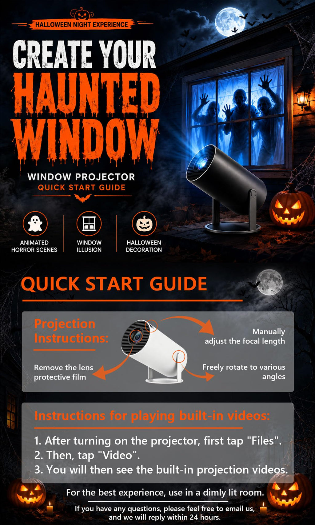 Scary Decorations Halloween Window Projector，black：With Effect fabric | Built-In Horror Videos, Scenes with Easy Setup, Wifi Streaming, Bluetooth Speaker, 210° Rotation & Auto Keystone Correction