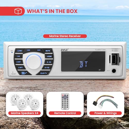 Pyle Marine Radio Receiver Speaker Set 12v Single Din Style Bluetooth Compatible Waterproof Digital Boat In Dash Console System with Mic 4 Speakers, Remote Control, Wiring Harness PLMRKT38W (White)