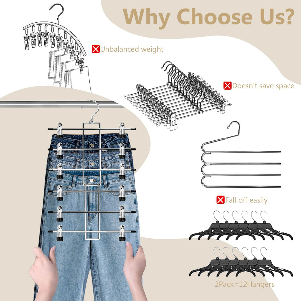 Pants Hangers with Clips,Space Saving Hanging Closet Organizer-6 Tiers Skirt Hangers with 360° Swivel Hook,Closet Organizer-Clothes Hangers- College Dorm Essentials Apartment Essentials-2 Pack