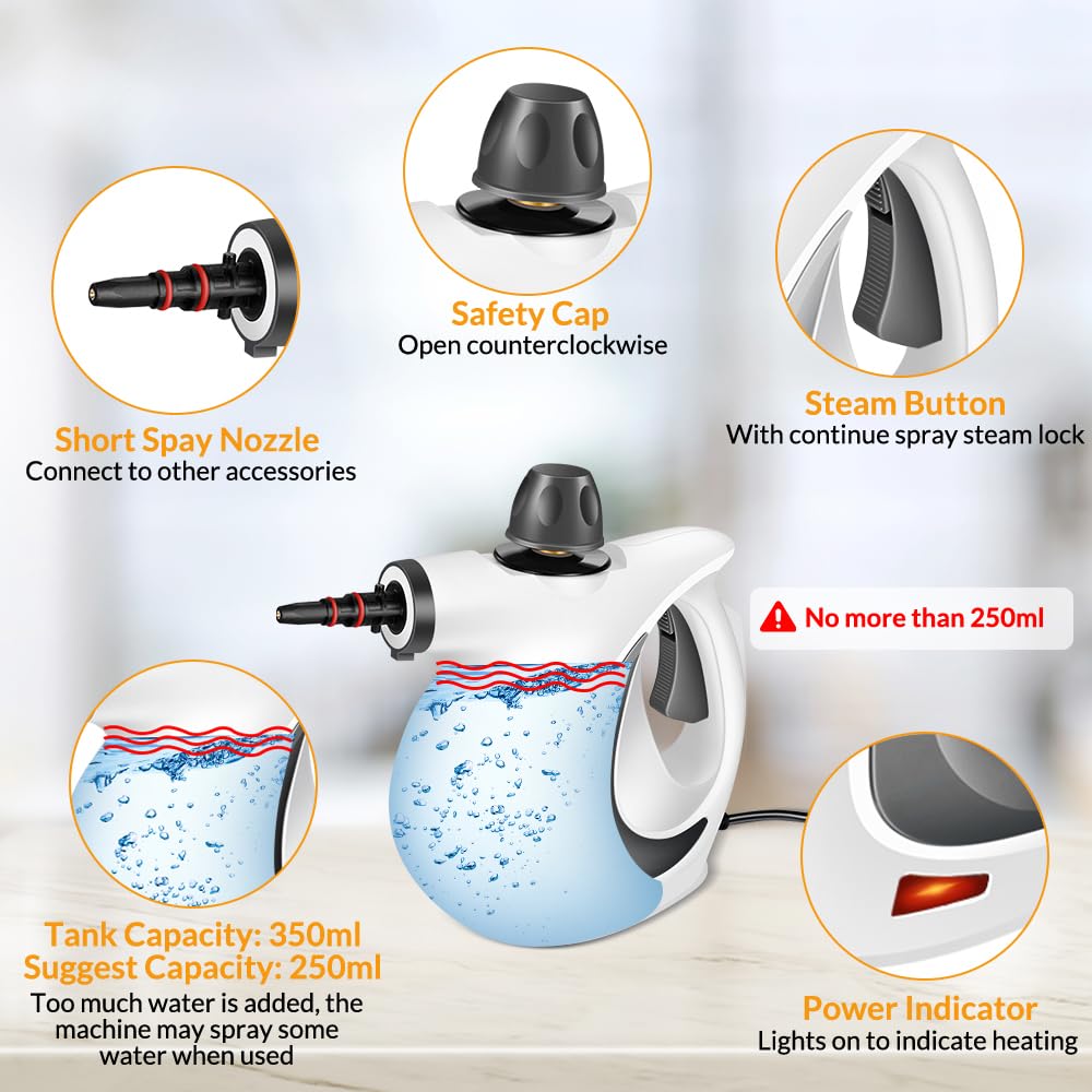 Handheld Steam Cleaner, Pressurized Hot Steam with 12 Accessories for Home