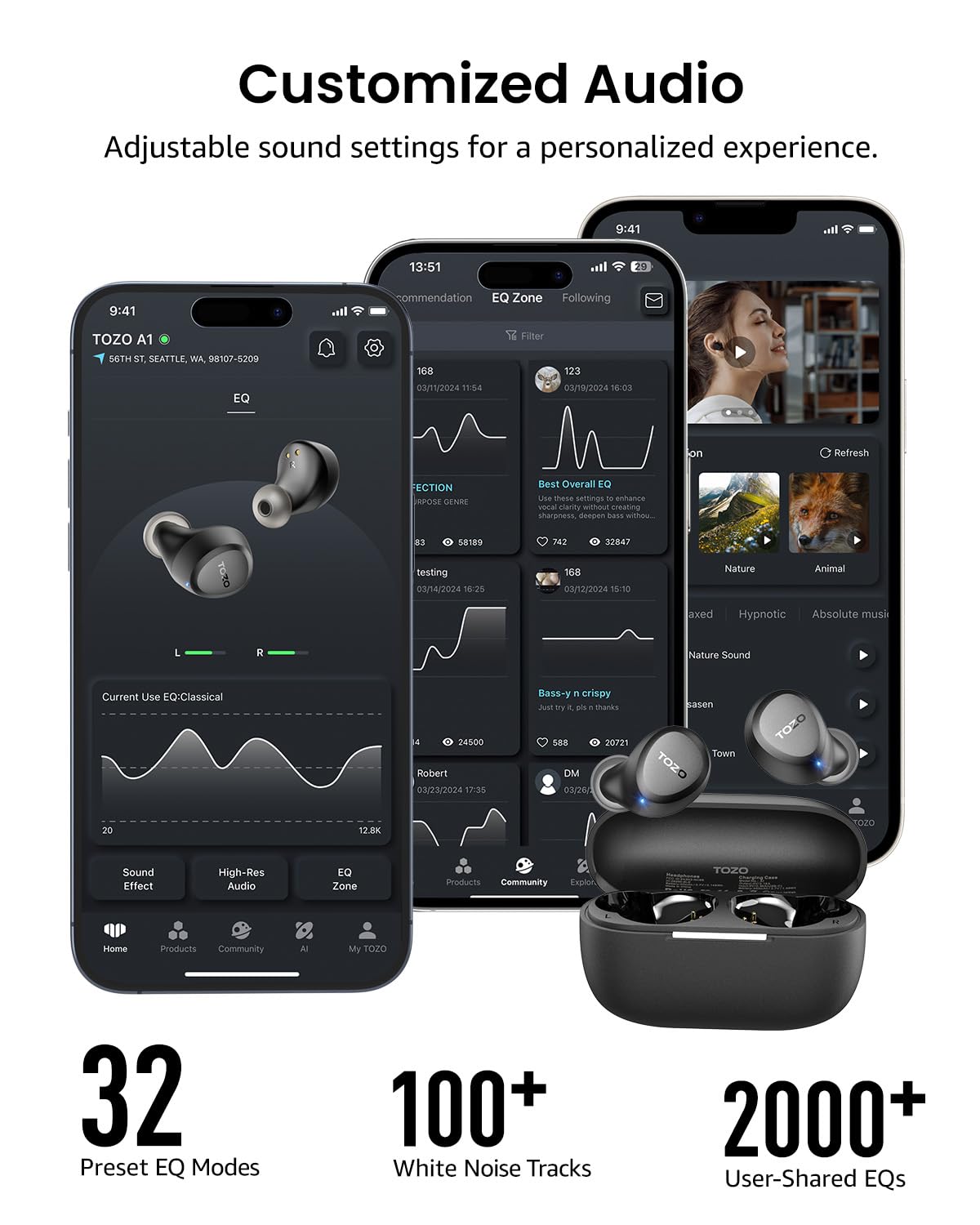 TOZO A1 Wireless Earbuds Bluetooth 5.3 Light Weight in Ear Headphones | IPX5 Waterproof,2 Mics for AI Calls,Immersive Premium Sound Bass Headset with Charging Case,32 EQ via App Black