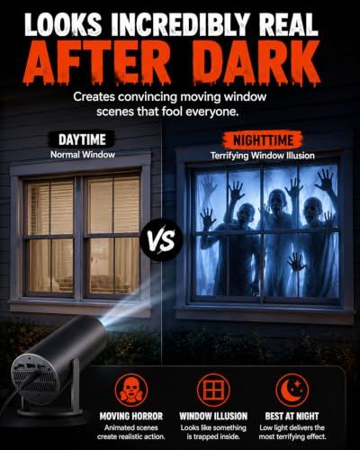 Scary Decorations Halloween Window Projector，black：With Effect fabric | Built-In Horror Videos, Scenes with Easy Setup, Wifi Streaming, Bluetooth Speaker, 210° Rotation & Auto Keystone Correction