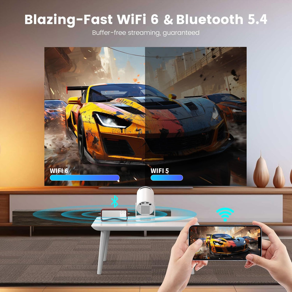 Mini Portable Projector with Bluetooth 5.4 and WiFi 6, 4K Support | HY300 Ultra Projector,220 ANSI,210° Rotation,Auto Keystone Correction,5watt Sound Base Speaker
