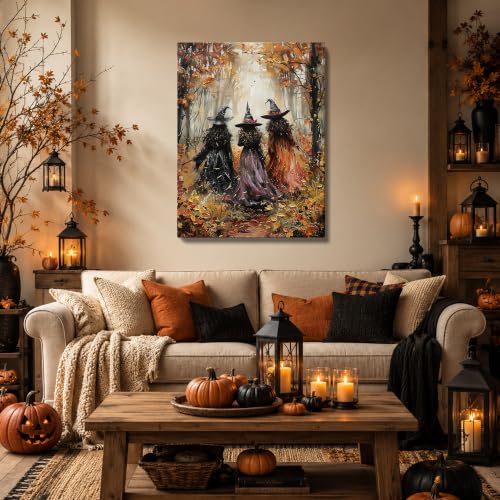 karani Halloween Canvas Wall Art, Vintage Three Witches Halloween Pictures | Gothic Halloween Wall Decor for Living Room Bedroom Office, Ready to Hang Fall Halloween Decorations 8x10