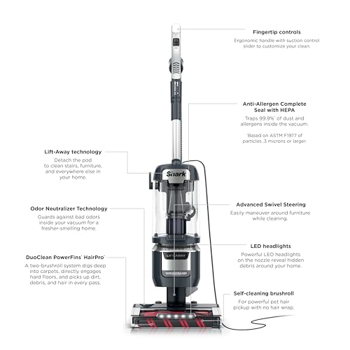 Shark Rotator Lift-Away Vacuum, DuoClean PowerFins, Dark Grey, LA555 | Self-Cleaning Brushroll, Odor Neutralizer, Lift-Away ADV, HEPA Filter, LED Headlights, Swivel Steering, Pet Tools Included