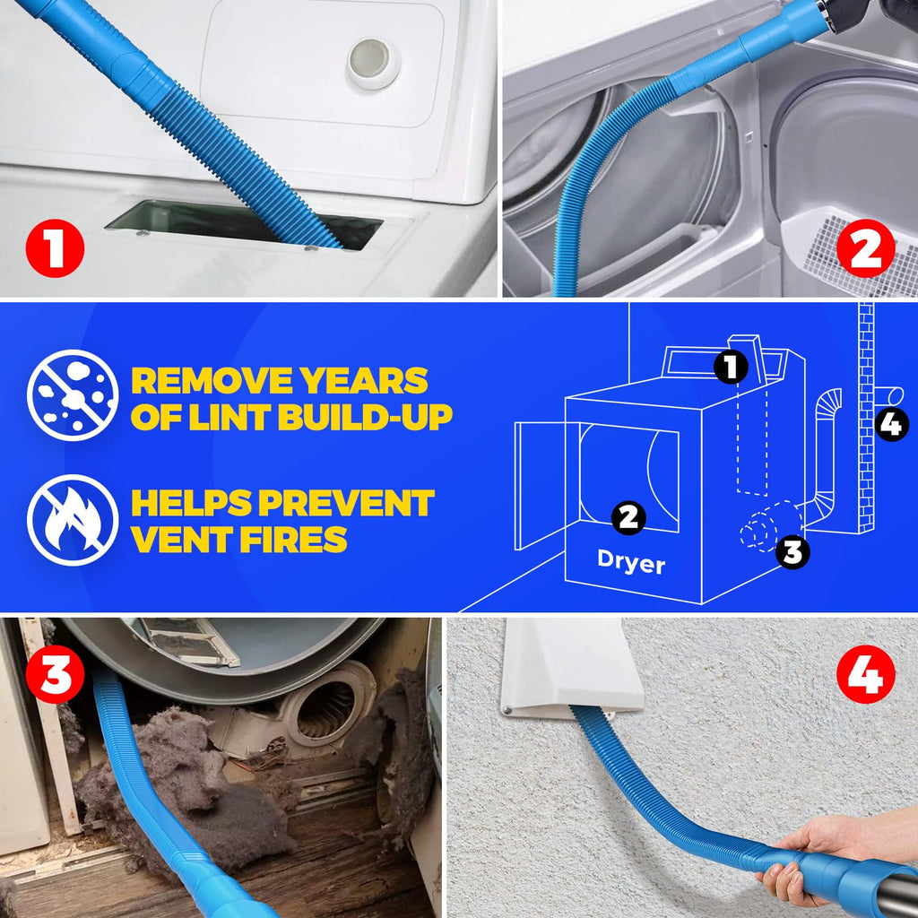 Holikme Dryer Vent Cleaner Kit 2Pack - Lint Vacuum Attachment & Brush | Blue Dryer Vent Vacuum Hose Attachment & Brush Reach Deep Traps - Remove Hidden Lint, Speed Drying & Reduce Fire Risk