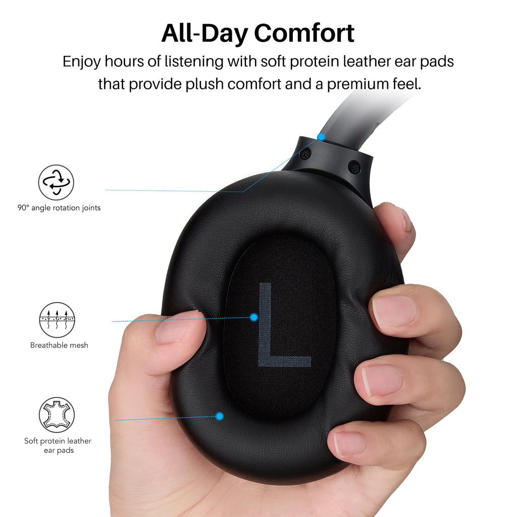 TOZO HT3 Hybrid Noise Cancelling Wireless Headphones, 90H Over Ear Headset | Hi Res Audio, AI Voice Assistant, Dual Device Connection, 32 Custom EQs, Built In 5 Mics, ANC, Foldable, Bluetooth 6.0 Black
