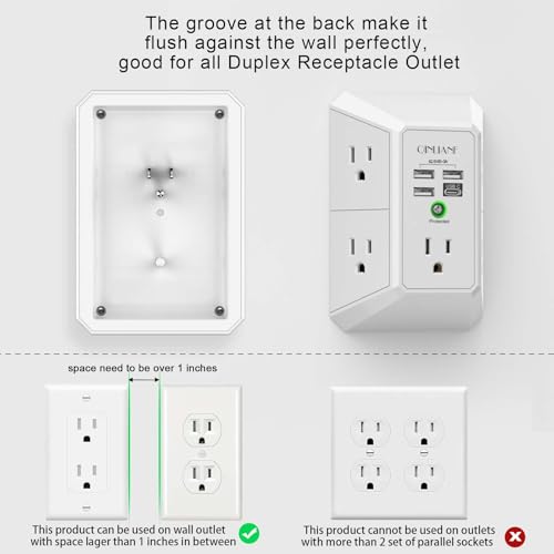 Wall Charger, Surge Protector, QINLIANF 5 Outlet Extender with 4 USB Ports | 1680 Joules, 3-Sided Power Strip, Multi Plug Wall Outlet Adapter Spaced for Home Travel Office, White