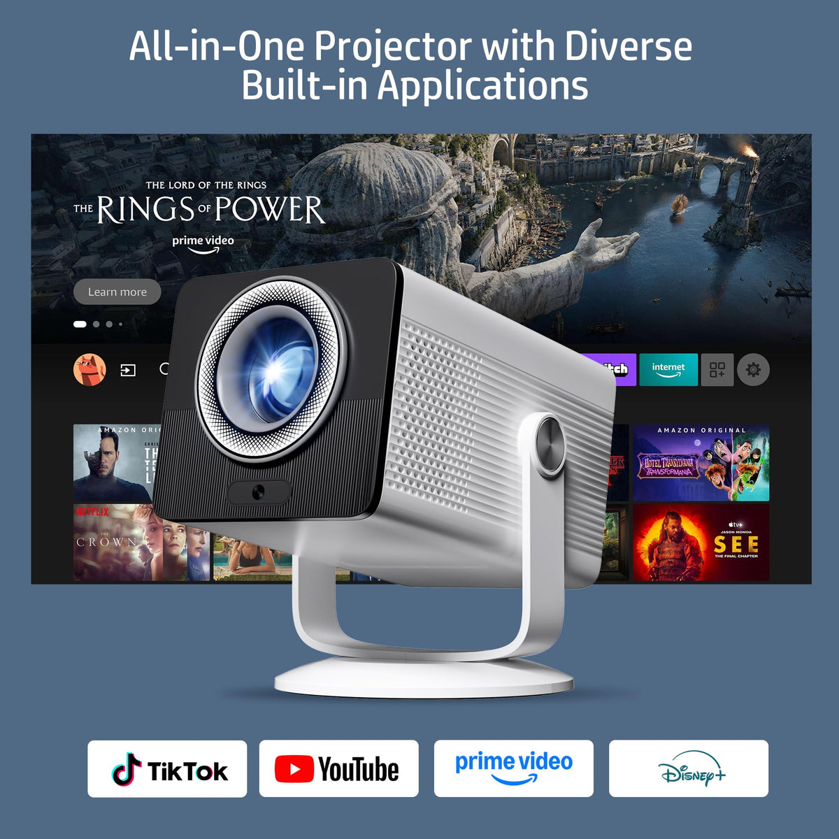 HP Projector Built-in Apps, USB-C Power Bank Compatible for Outdoor MC400 | Portable Mini Projector with WiFi 6 and Bluetooth 5.4, 1080P/4K Supported, Auto Keystone & 90° Rotatable, Smart Android TV OS