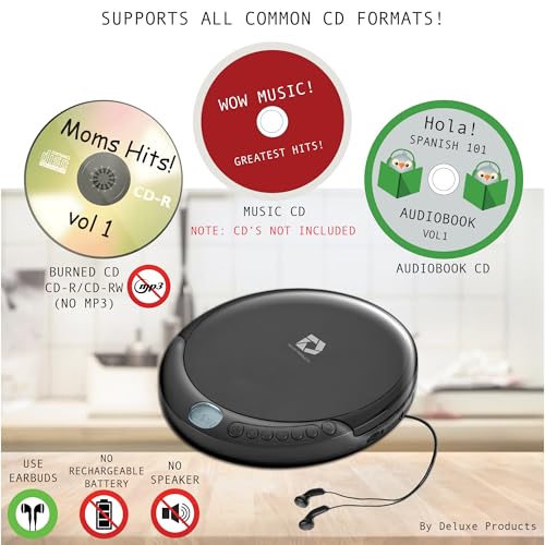 Deluxe Products CD Player Portable with 60 Second Anti Skip, Stereo Earbuds, Includes Aux in Cable and AC USB Power Cable for use at Home or in Car