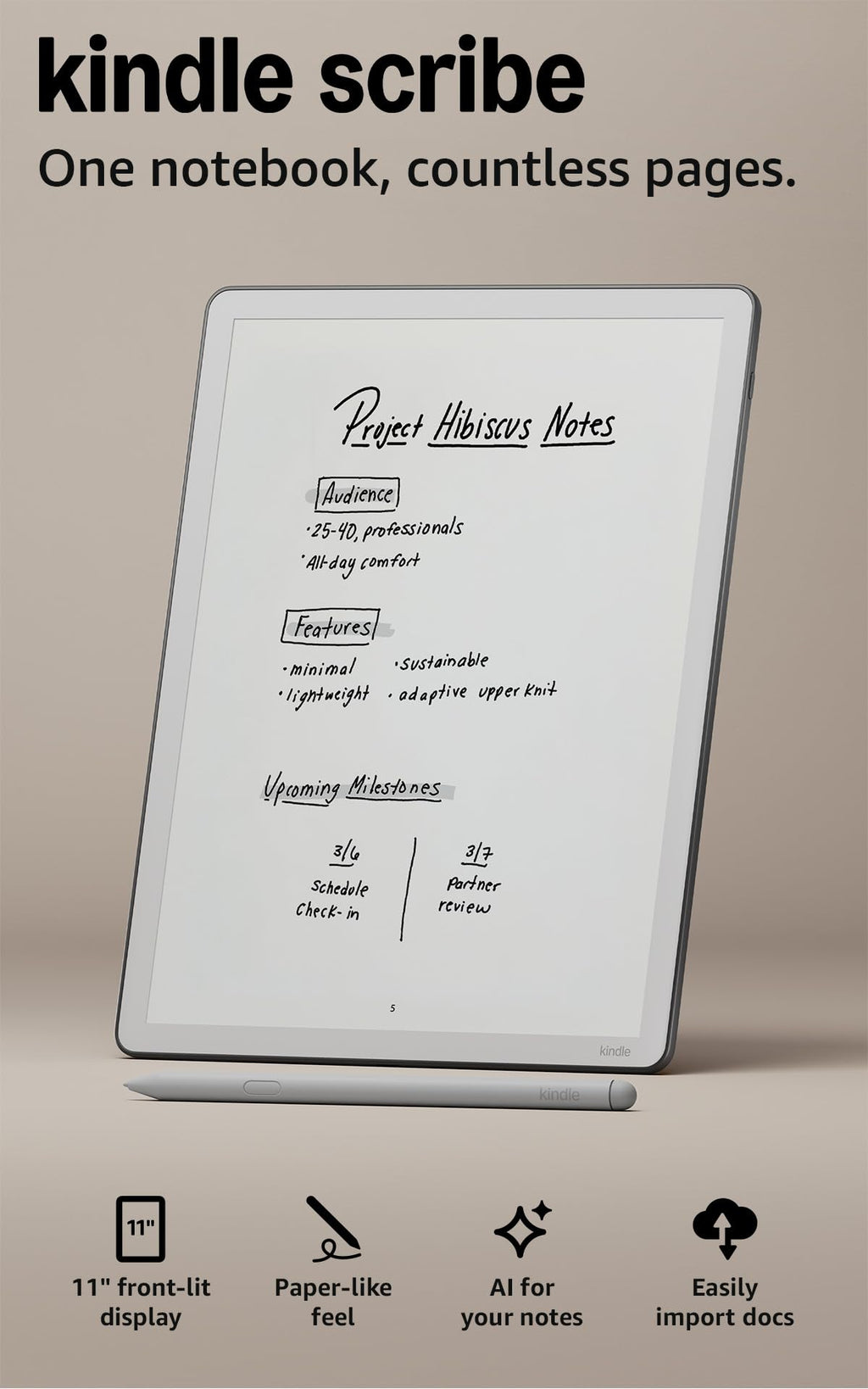 Amazon Kindle Scribe 32GB (newest model) — 11” display with front light, paper-like feel, and no distractions — Write in notebooks, docs, and books. Pen included - Graphite