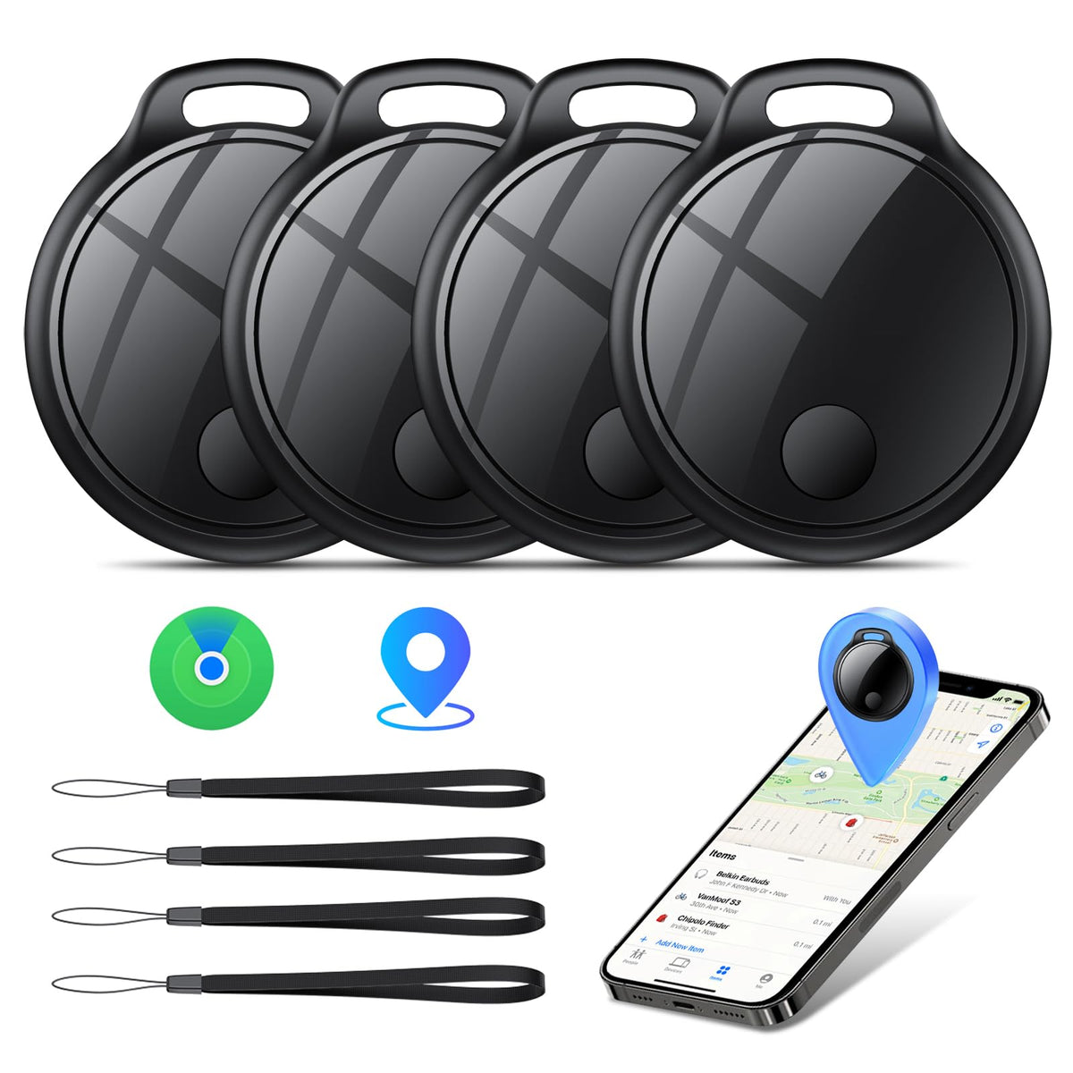 Air Tracker Tags-4 Pack: Smart Bluetooth Tracker, Compatible with Apple Find My APP (iOS Only) Replaceable Battery, IP67 Waterproof, Suitable for Luggage, Wallets, Backpacks, Keys Tracking Tag, Black