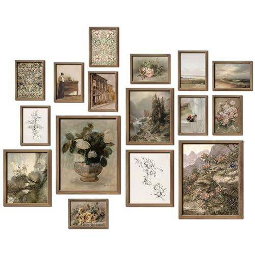 16 PCS Framed Vintage Wall Art Decor, French Country Farmhouse Gallery Wall Frame Set Prints for Bedroom Bathroom, Rustic Landscape Posters for Living Room Aesthetic, Cottagecore Dorm Home Collage Kit