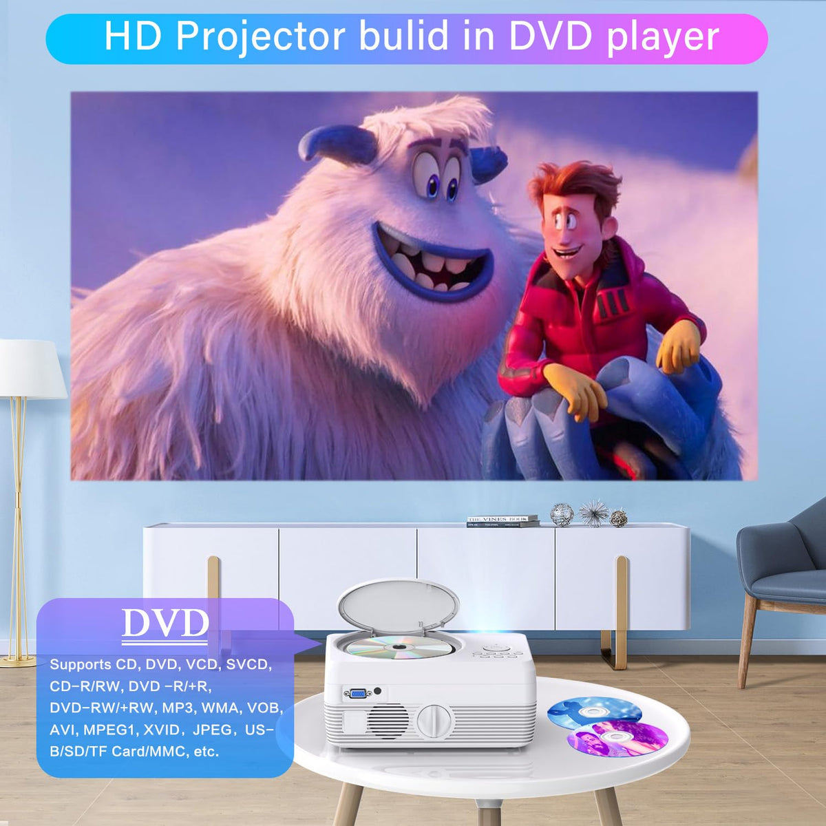 Full HD WiFi Bluetooth Projector Built in DVD Player, 12000LM 1080P Supported, Portable Mini DVD Projector for Outdoor Movies, 250" Home Theater, Compatible with iOS/Android/TV Stick/PS4/HDMI/USB/TF