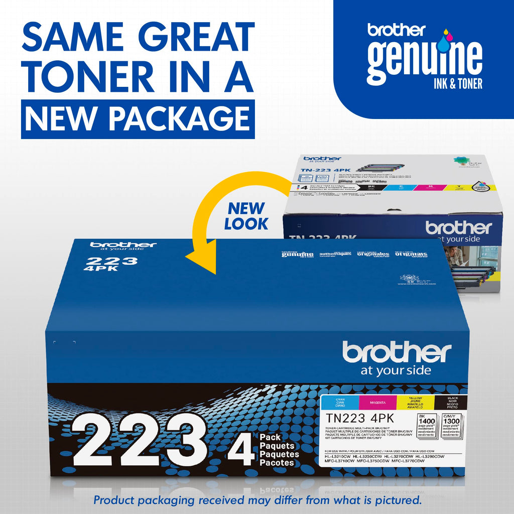 Brother Genuine TN223 4PK, Standard-Yield Toner Cartridge, Four Pack | Includes black, cyan, magenta, yellow cartridges for HL-L3210CW, MFC-L3710CW, MFC-L3770CDW printers