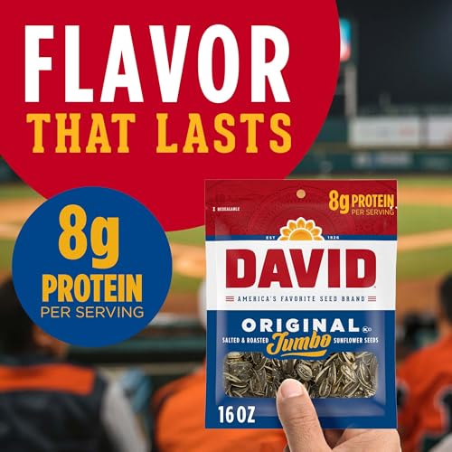DAVID Jumbo Sunflower Seeds, Original Flavor, 16 oz. | 8g protein per serving; Original flavor; great for baseball games & road trips; also perfect for desk snacking