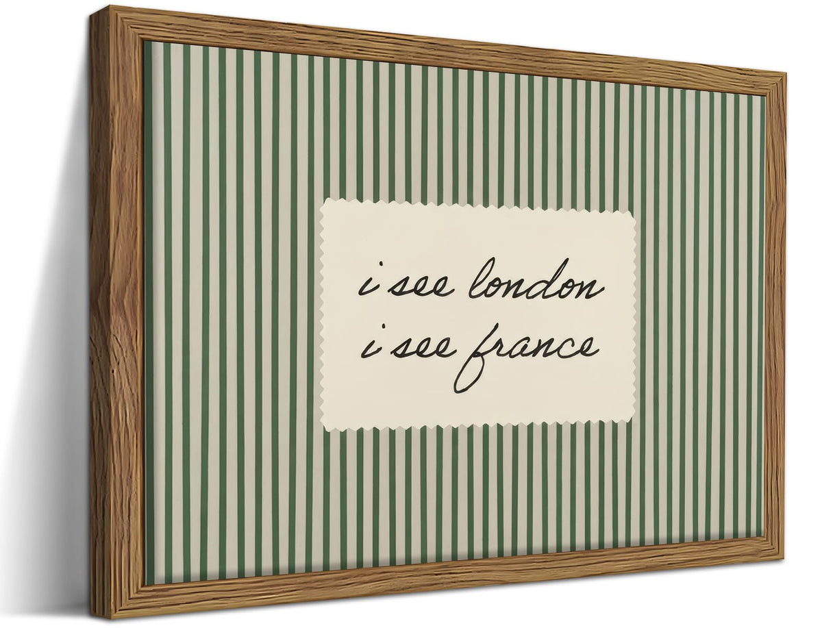 Vintage Quote Wall Art, I See London I See France Funny Bathroom Wall Decor Painting, Minimalist Green Striped Canvas Print Picture for Bathroom Bedroom Living Room 12x16 Inch Framed