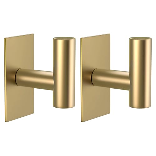 VAEHOLD Wall Towel Hooks, Heavy Duty Sticky Holder Waterproof Towel Hooks for Hanging Coat, Clothes, Closet Hook Wall Mount for Kitchen (Gold, 2 Pack)