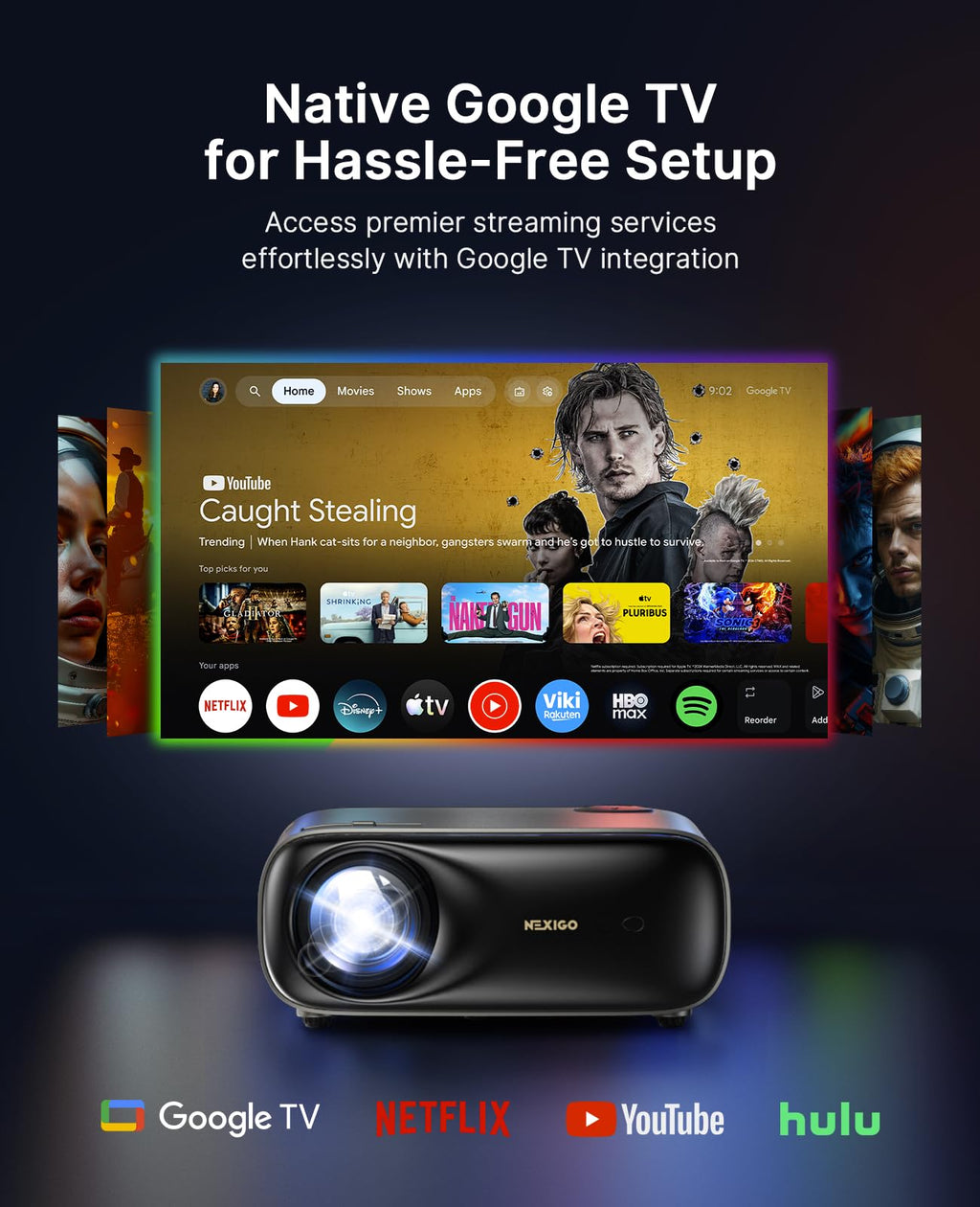 NexiGo PJ40 Pro Google TV Projector, Native 1080p, 4K Support, AI Image Enhancement, 800 ANSI Lumens, Smart Projector with Auto Keystone, 20 W Speakers, Backlit Remote, Wi-Fi & Bluetooth