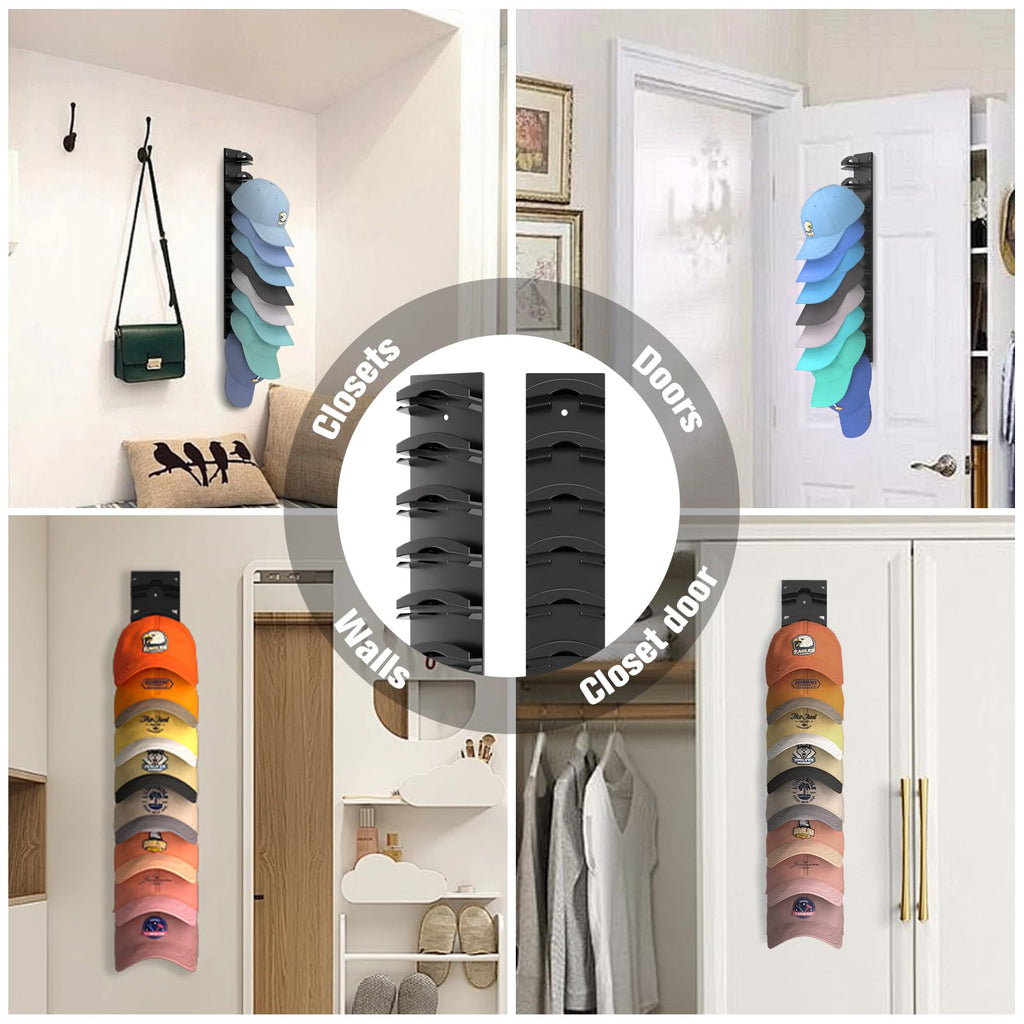 Hat Organizer for Baseball Cap 2Pack, Hold up to 20 Hat Adhensive for Wall | Hat Rack Hanger Display for Door Closet, Cap Organizer Storage Multilayer Adhesive or Screw Mount, Space-Saving Design-Black