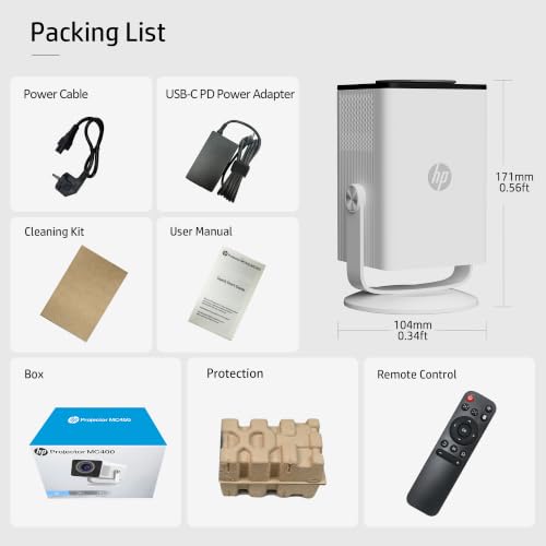HP Projector Built-in Apps, USB-C Power Bank Compatible for Outdoor MC400 | Portable Mini Projector with WiFi 6 and Bluetooth 5.4, 1080P/4K Supported, Auto Keystone & 90° Rotatable, Smart Android TV OS