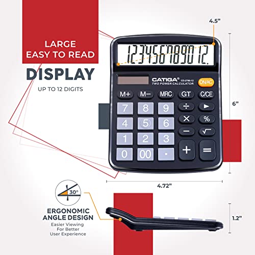 CATIGA 12 Digit Desk Calculator, Desktop Calculators with Large LCD Display & Big Buttons, Basic Simple 4 Function Solar Calculator, Dual Power Solar & Battery for School, Office & Home (CD-2786)