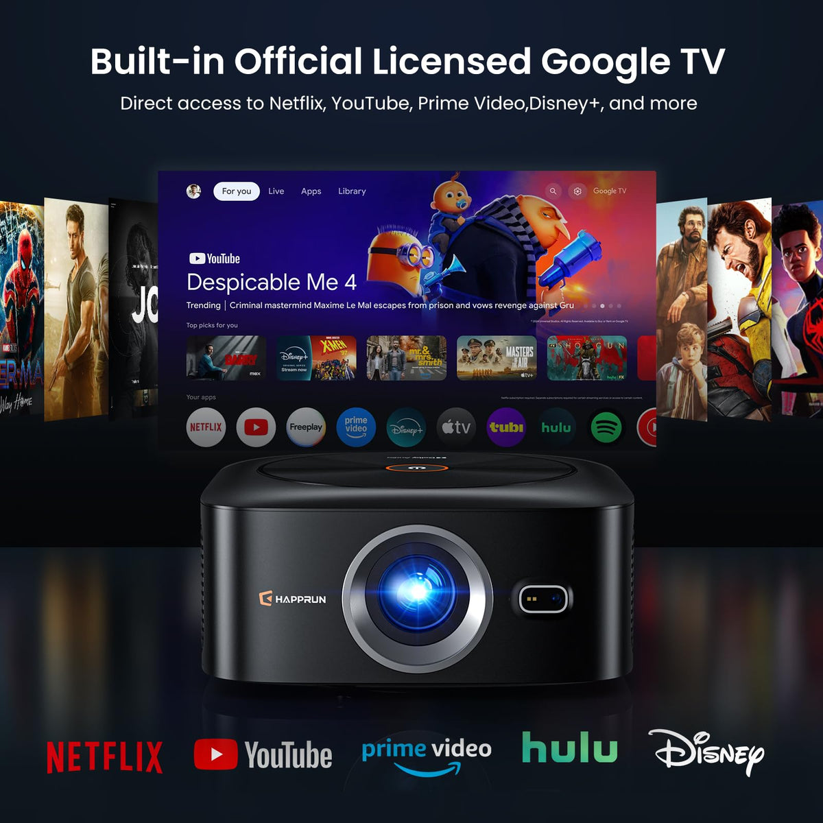 HAPPRUN 1500 ANSI 4K Decoding Outdoor Projector with Official Google TV | Smart Projector with WiFi and Bluetooth, Auto Focus & Keystone, Dolby Audio, Portable Home Theater for Indoor & Outdoor Movie