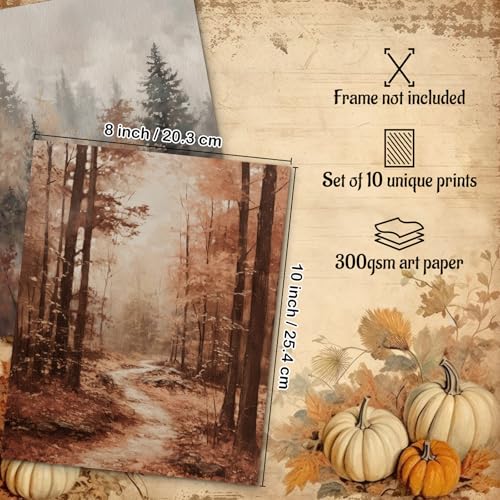 Benjia 10Pcs Autumn Wall Art Prints - Retro Rustic Aesthetic Vintage Fall Scenery Posters 25 x 20 cm for Living Room Bedroom Thanksgiving Decor (8x10 Inch, Unframed)