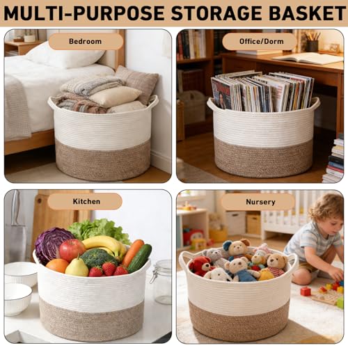 HZFTJOY Large Woven Blanket Basket,65L Cotton Rope Laundry Basket | Collapsible Nursery Storage Bin with Sturdy Handles for Clothes, Toys, Pillows, Living Room Bedroom Bathroom - White & Brown