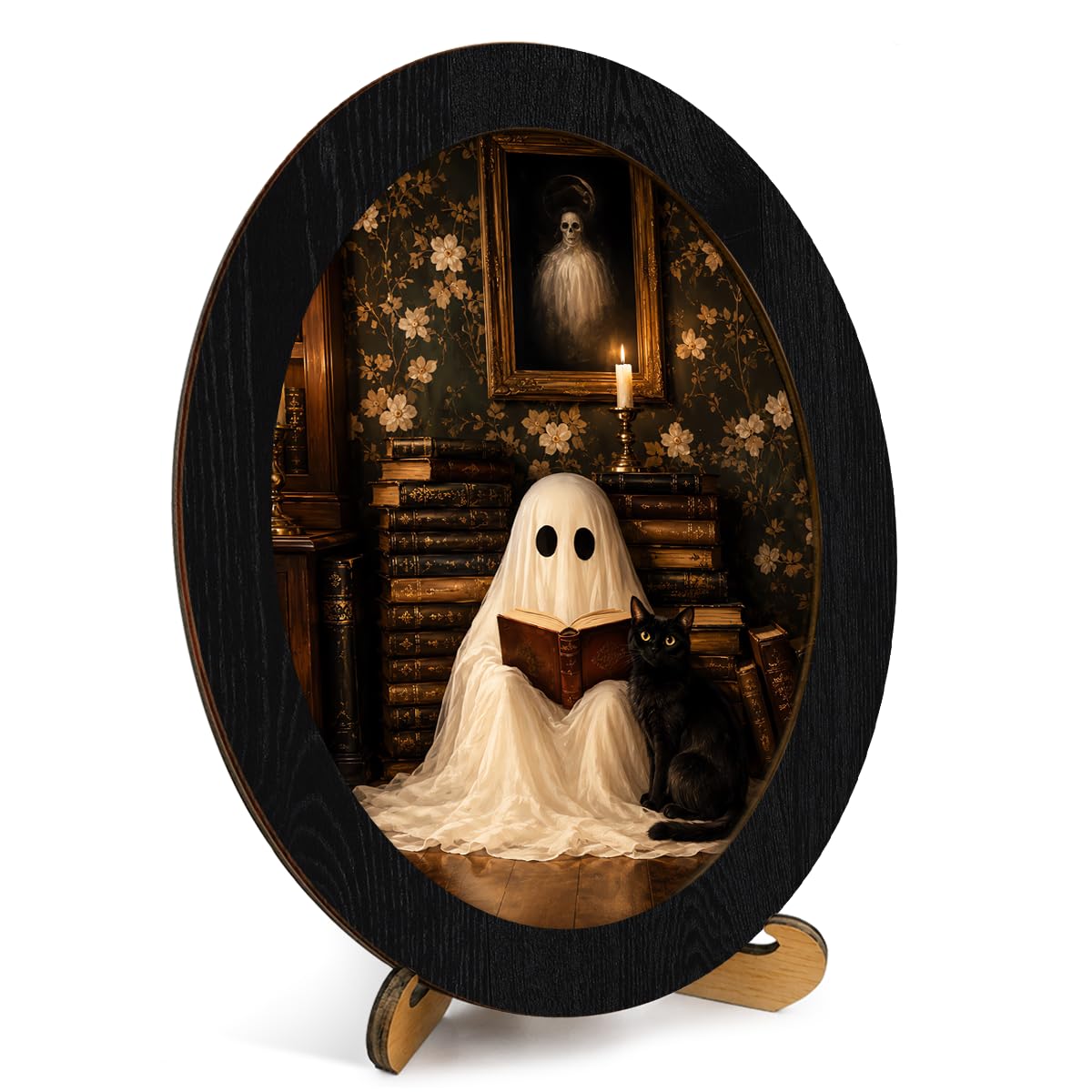 Framed Vintage Halloween Ghost Oval Wall Art, Ghost Reading Book Halloween Wall Decor, Ghosts Canvas Art Prints for Home Living Room Bedroom Office Entryway Gothic Decor
