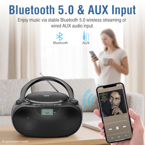 Nextron Portable CD Player Boombox with Bluetooth, AM/FM Radio & USB | CD-R/RW, MP3-CD & USB Playback, Stereo Sound, Bass Boost, AUX Input, Headphone Jack, LCD Display, AC/Battery Powered - Black
