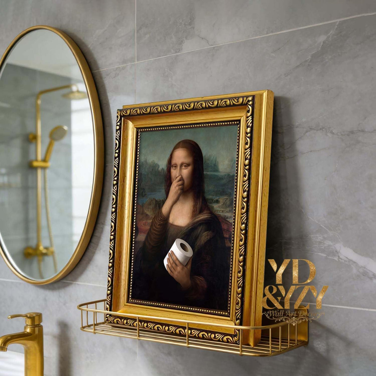YD&YZY Bathroom Wall Art Funny Mona Lisa Wall Decor Vintage Gold Framed | Mona Lisa Pinching Nose, 8"x10" Mini Small Size Humorous Toilet Art decorations for Bathroom Restroom