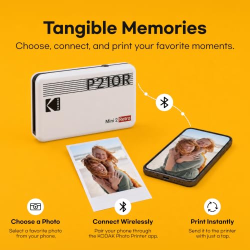 KODAK Mini 2 Retro 2x3 Portable Photo Printer, 4PASS, 38 Sheets, White | Bluetooth, iPhone & Android Smartphone Compatible, Smudge-Proof, Water-Resistant, Fade-Resistant