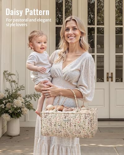 Blissful Diary Floral Diaper Caddy Organizer Storage Basket, Pastoral Daisy | Portable Storage Basket with Removable Dividers, Gift for Baby Shower, Newborn Boy & Girl Essentials, Baby Registry Must Have